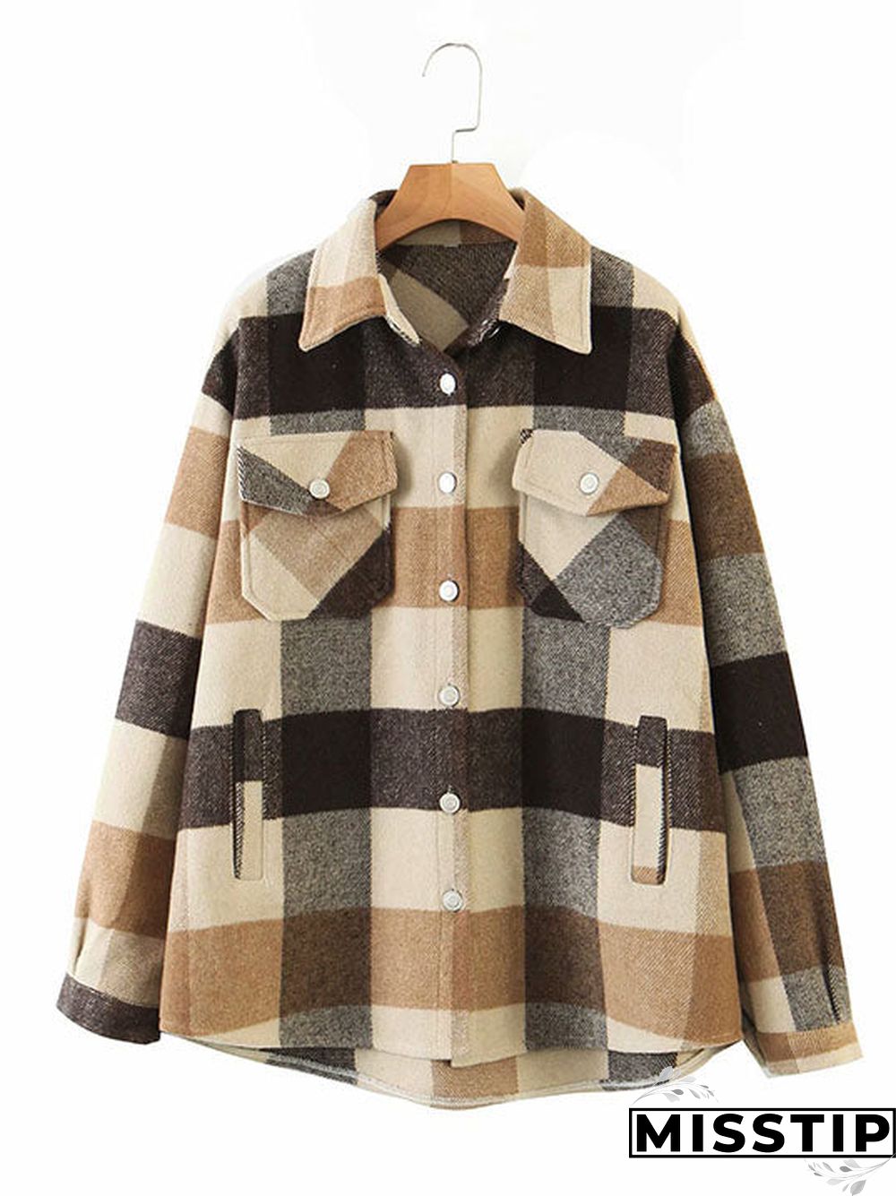 Classic Thick Colorblock Checked Button Down Shirt Jacket Woolen