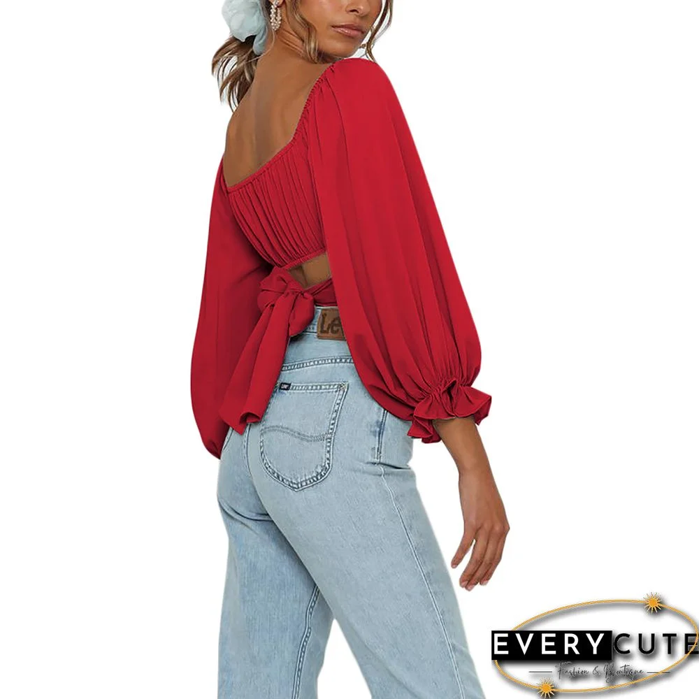 Red Long Sleeve Off Shoulder Crop Tops