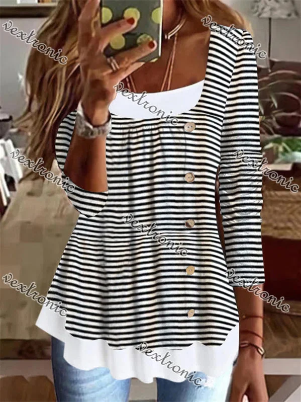 Women's Long Sleeve U-neck Striped Buttons Fake Two-Piece Top