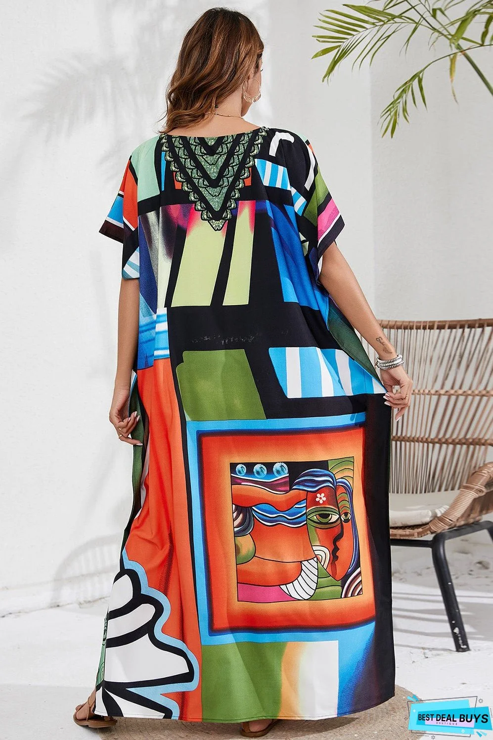 Slit Printed V-Neck Short Sleeve Cover Up