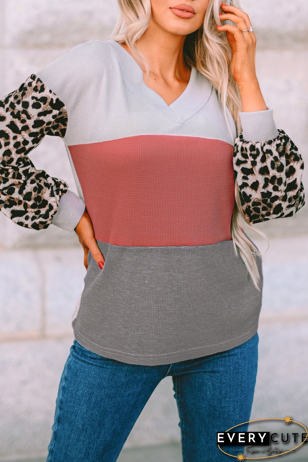Red Wild Leopard Contrast Sleeve Colorblock Waffle Knit Top