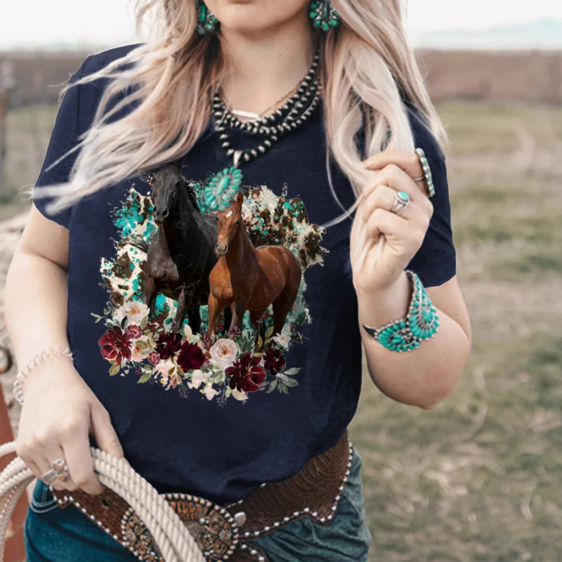 Women's Comfortable Flower And Horse Casual Graphic Tees