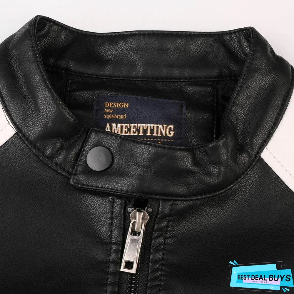 Men's Leather Jacket Casual Fashion Stand Collar Motorcycle Jacket Men Patchwork Quality Leather Jacket