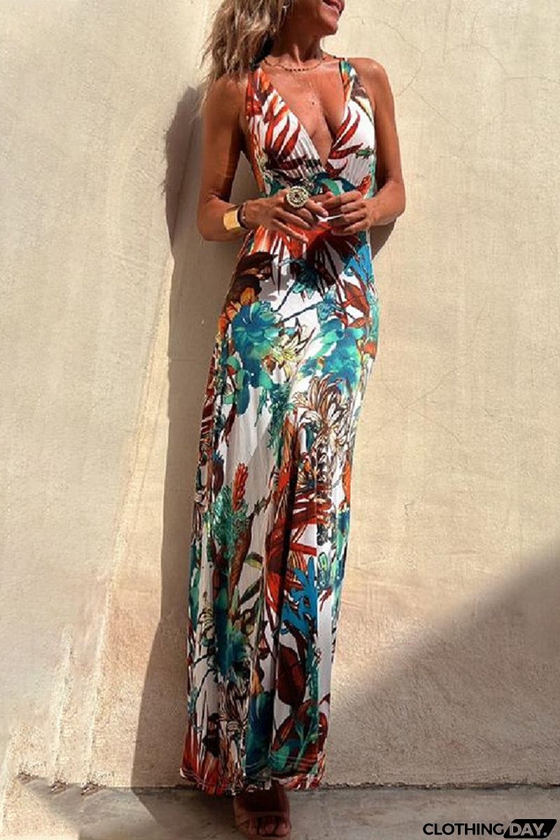 Sexy Vacation Floral Backless V Neck Printed Dress Dresses