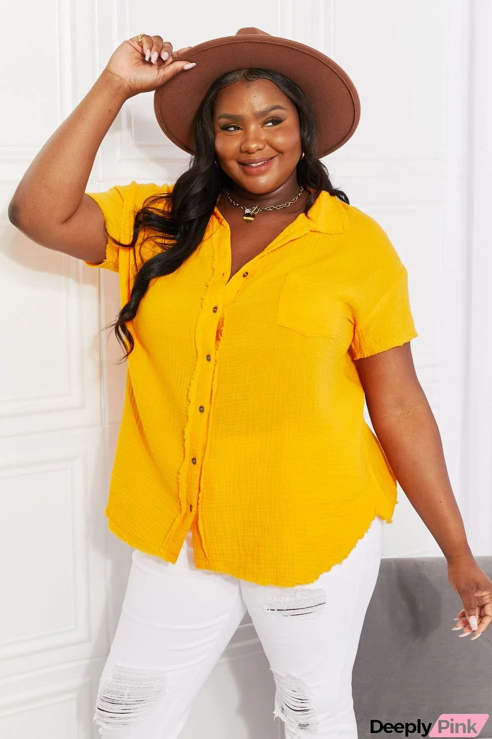 Zenana Full Size Summer Breeze Gauze Short Sleeve Shirt in Mustard