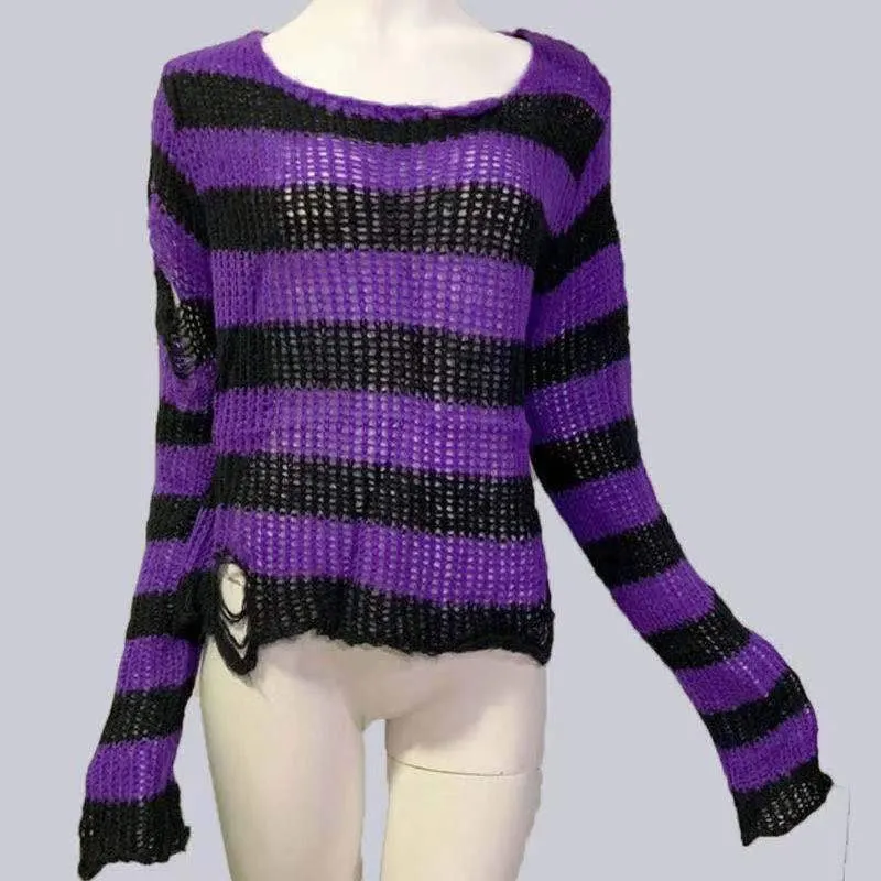 Punk Gothic Long Unisex Sweater 2020 Summer Women Striped Cool Hollow Out Hole Broken Jumper Loose Rock Thin Dark Streetwear Top 1029-1