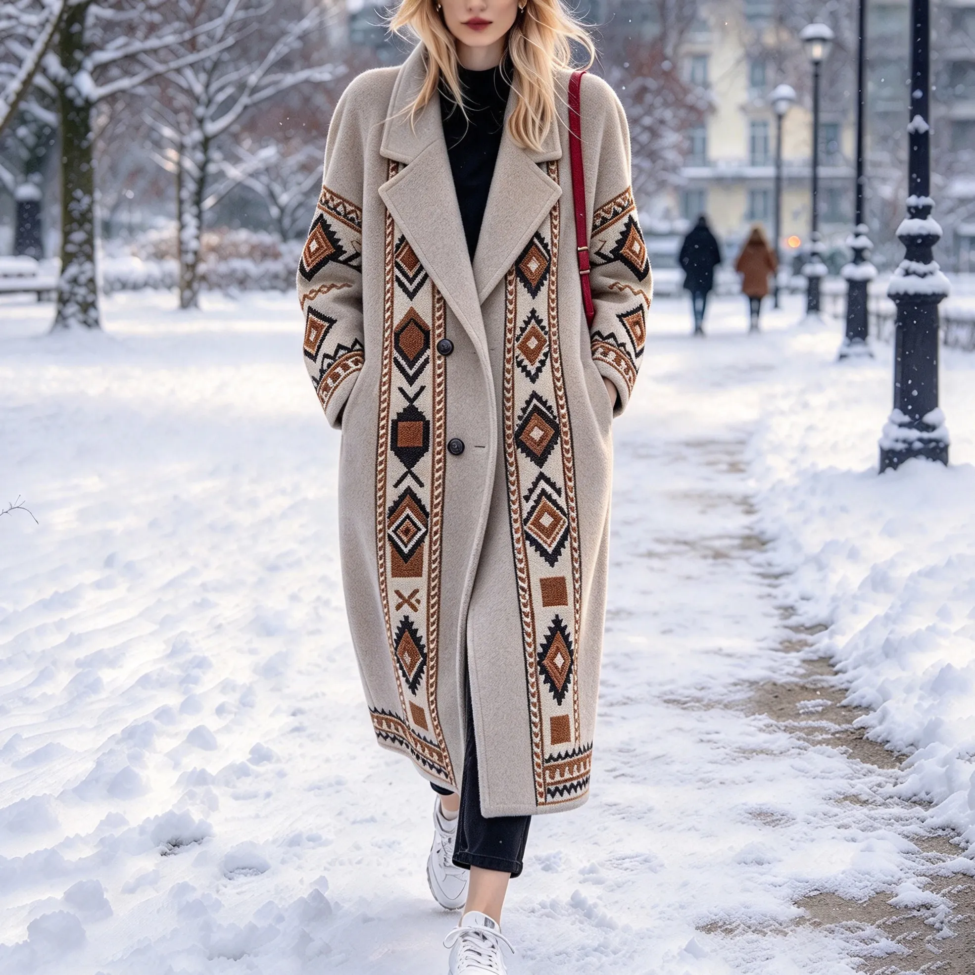 Comstylish Women's Retro Ethnic-style Geometric Print Warm Coat