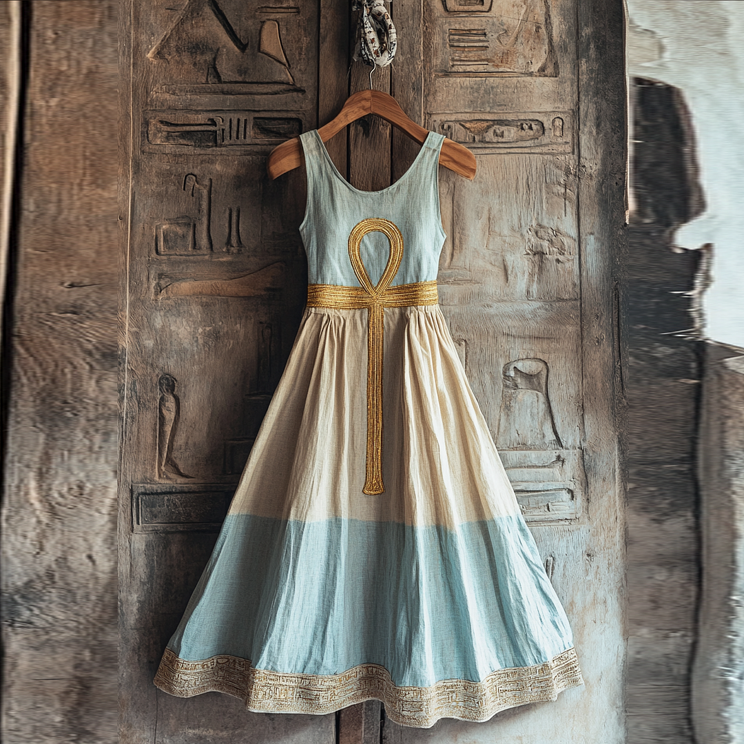 Women's Vintage Ankh Ancient Egyptian Embroidered Linen Maxi Dress