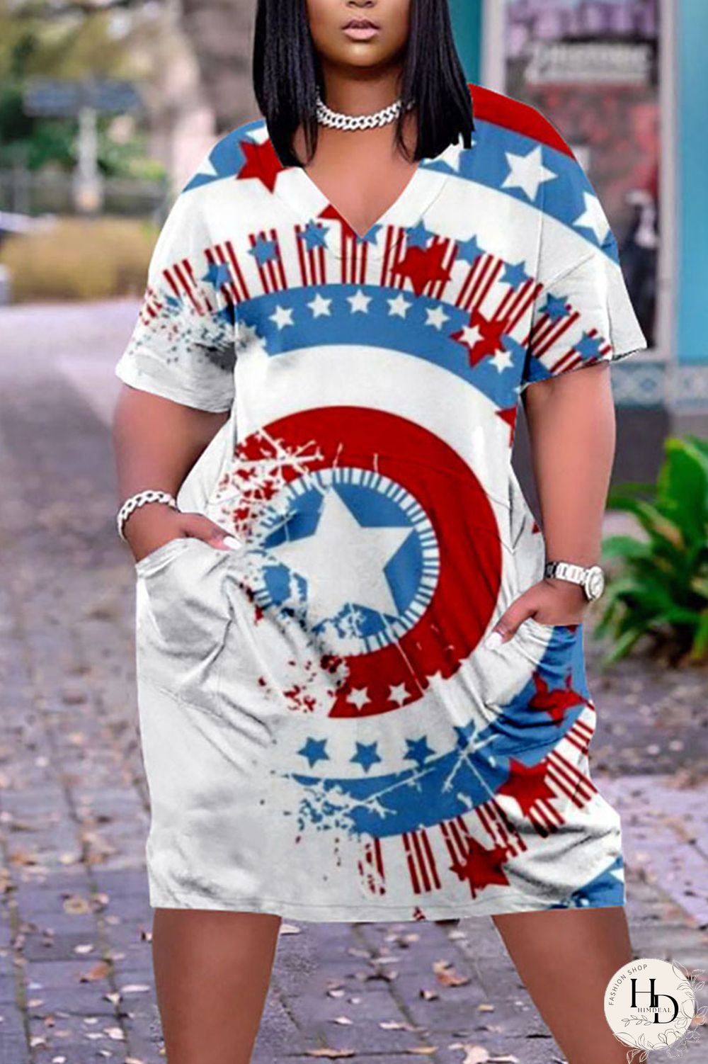 White Blue Red Casual Print Patchwork V Neck Dresses