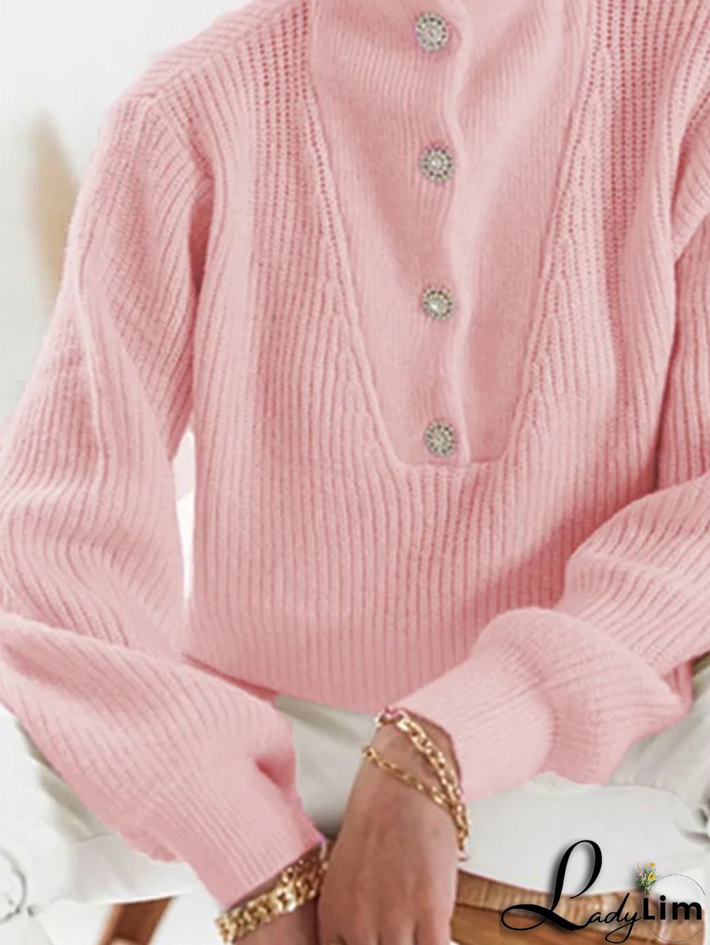 Casual Textured High Neck Rhinestone Button Long Sleeve Sweater