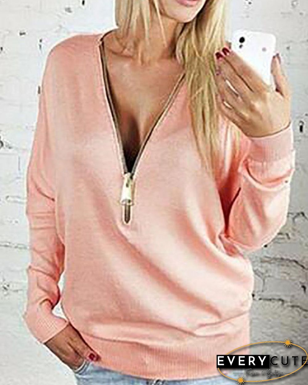 Front Zip Front Design V-neck Long Sleeves T-shirt Tops