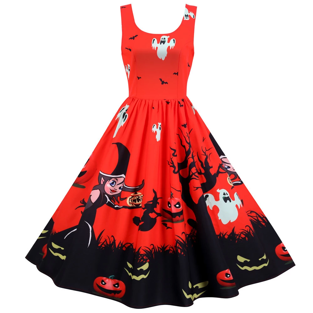 Halloween Print Sleeveless A-Line Sexy Casual O Neck Fashion Vintage Dress