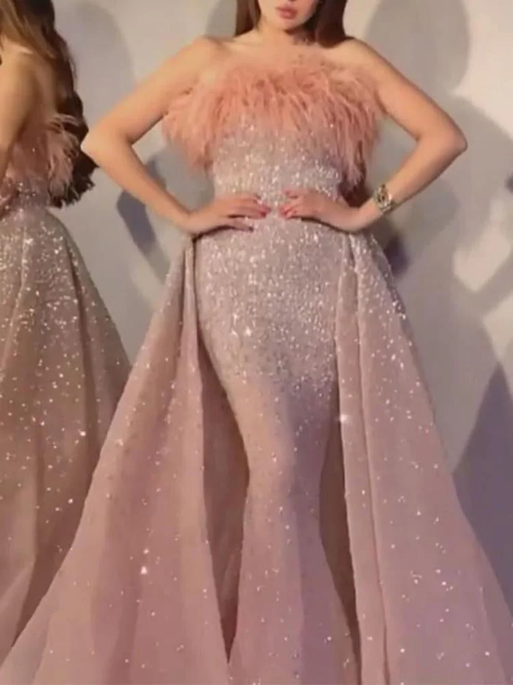 Promsstyle Tube top feather sequin mopping hem maxi dress Prom Dress 2023