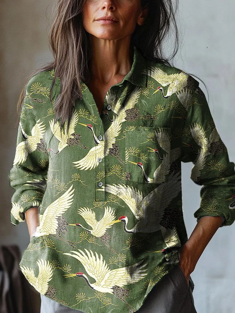 Women's Japanese Classic Flying Crane Art Print Casual Cotton And Linen Shirt