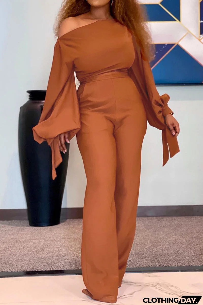 Fashion Casual Solid Bandage Oblique Collar Regular Jumpsuits(3 Colors)