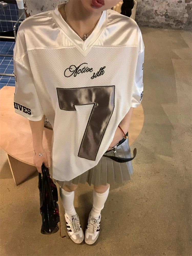 OLCooL Sports Silvery Oversized T Shirt Women Number Graphic Quick Drying Short Sleeve Tops Retro Summer Casual Basketball Tee olcool