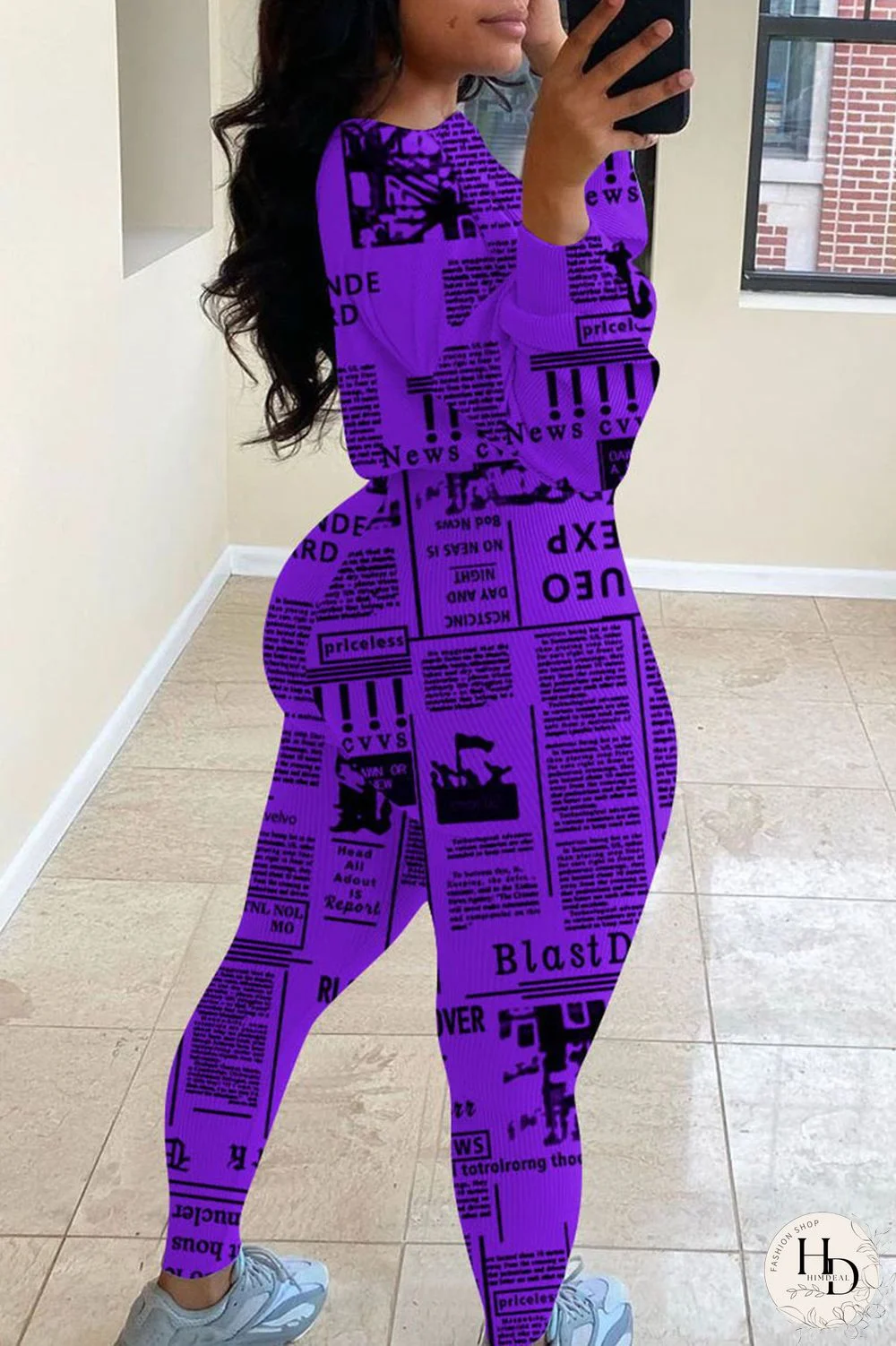 purple Casual Print Split Joint O Neck Long Sleeve Two Pieces