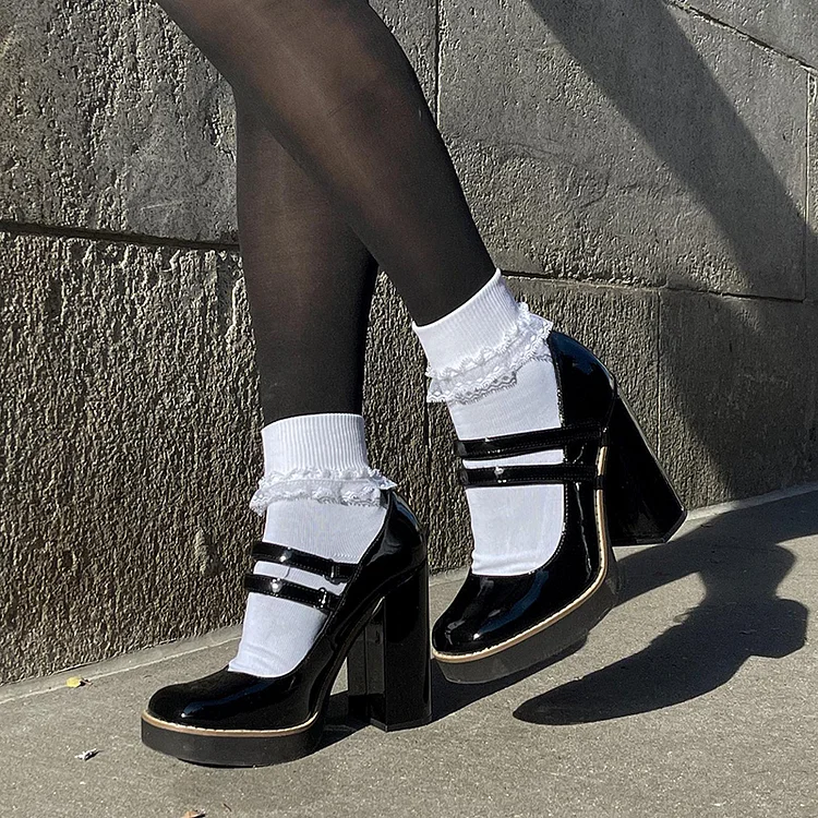 Women's Square Toe Pumps Vintage Chunky Heels Patent Mary Jane Shoes |FSJ Shoes