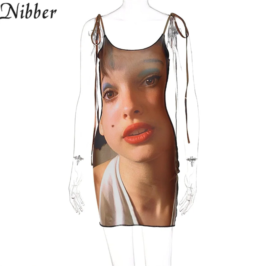 Nibber Face Character Printing Slip Backless Woman Mini Dress Backless Bodycon Sexy Party Elegant Club Vacation Slim Y2K