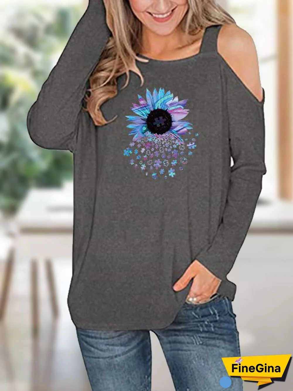 Crew Neck Cotton Blends Loosen Long Sleeve T-shirt