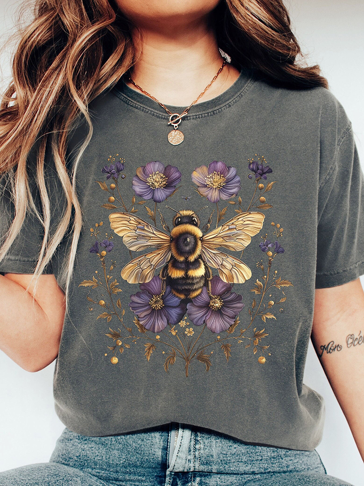 Comstylish Women's Vintage Floral Bee Farmer Casual T-Shirt