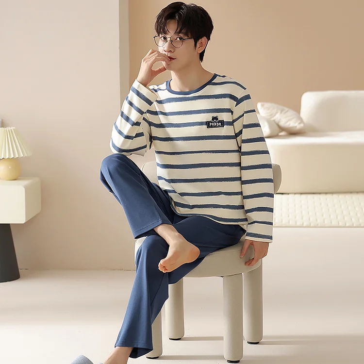 Flowingwaterpress 2025 Autumn Pajama Set for Men Clothes Stripe Pyjama Sleepwear Long Sleeve Pant 100% Cotton Pijamas Lounge Set Winter Night Wear