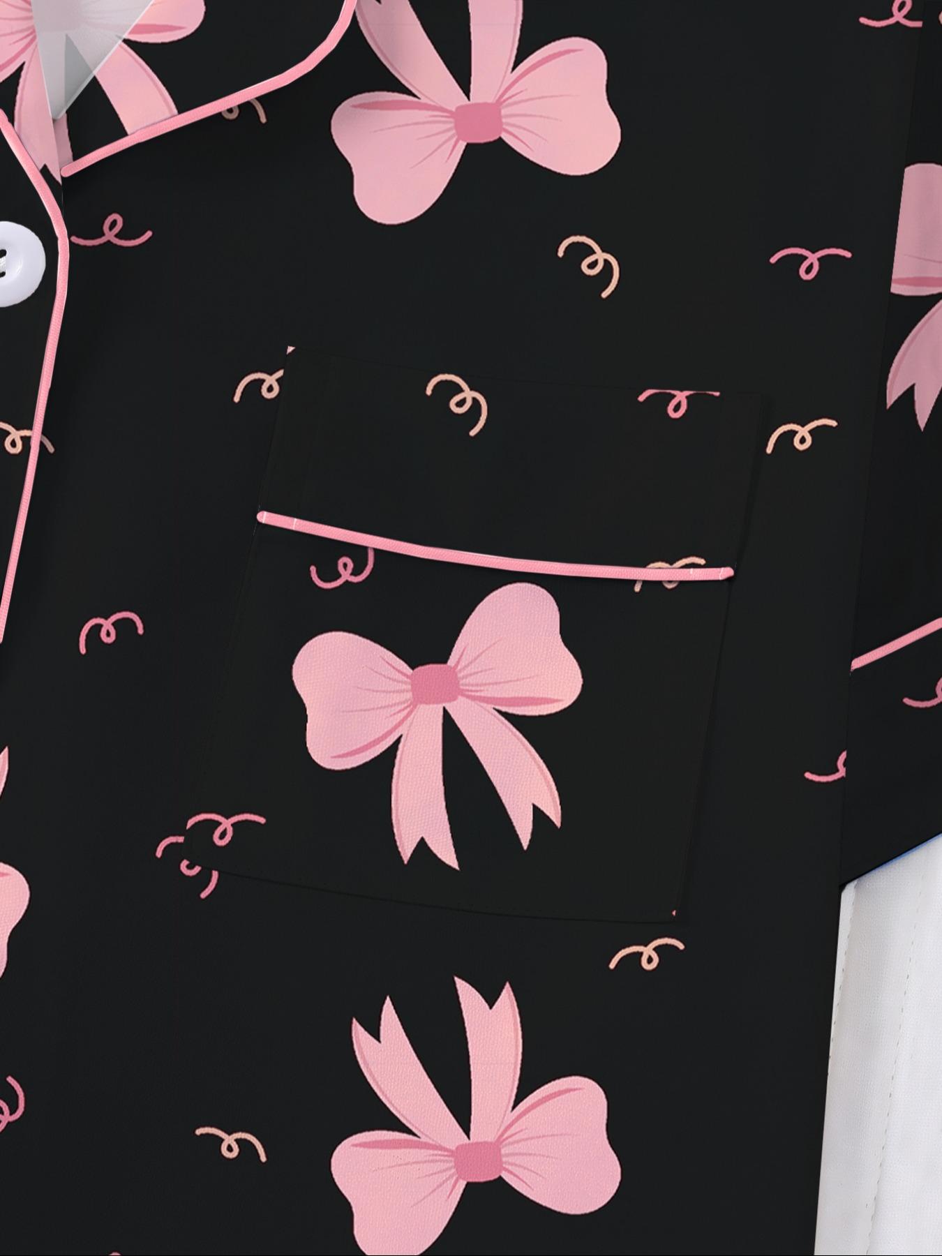 Women's Valentine's Day Sleepwear Set, Bow Print Pajamas, Short Sleeve Button-Up Top & Elastic Shorts, Casual Home Wear Loungewear