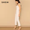 SHEIN Sexy White Self Tie Shoulder Flare Leg Rib-knit Straps Jumpsuit Low Waist Skinny Summer Women Solid Slim Elegant Jumpsuits