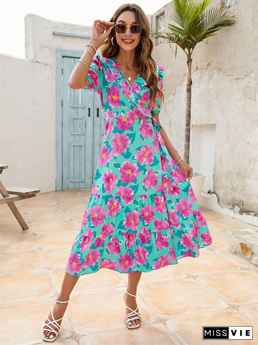 Explosive Dress Print V-neck High Waist Short Sleeve Temperament Dress