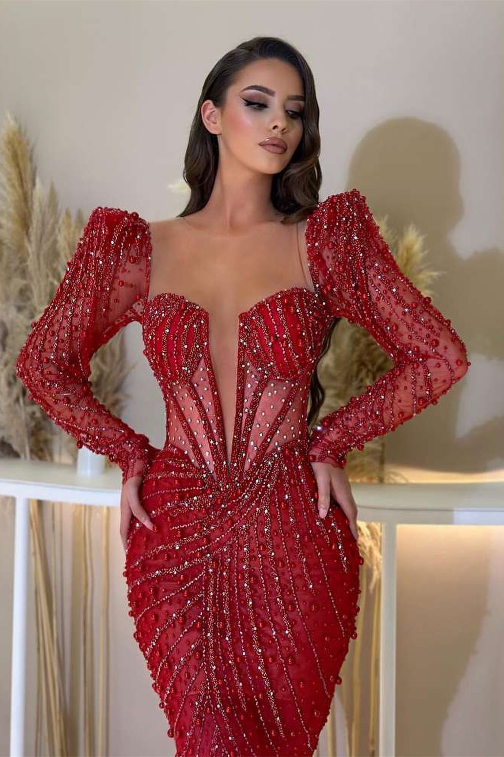 Bellasprom Red Deep V Neck Long Sleeves Mermaid Prom Dress With Beaded Sequins 4003