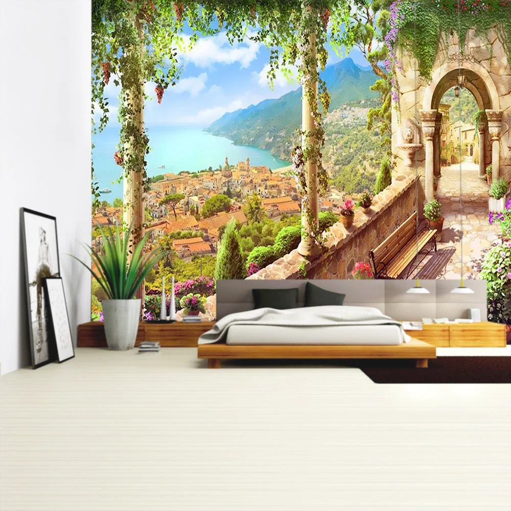 Balcony City Castle Hill Green Plant Landscape Printing Tapestry Cheap Hippie Wall Hanging Bohemian Wall Tapestries