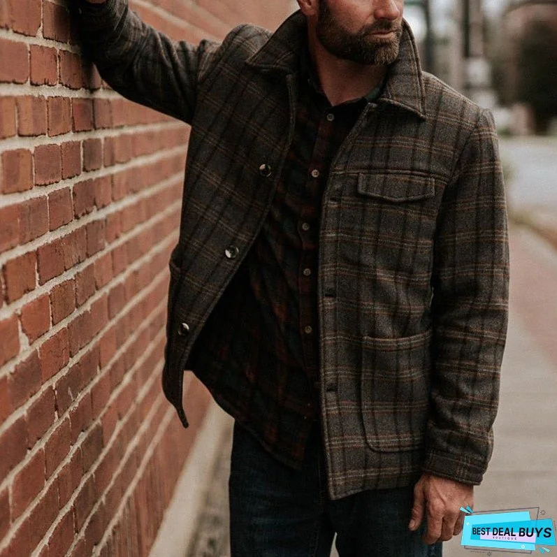 Autumn Vintage Plaid Printed Long Sleeve Jackets Men Casual Loose Turn-down Collar Coats Mens New Spring Fashion Outerwear