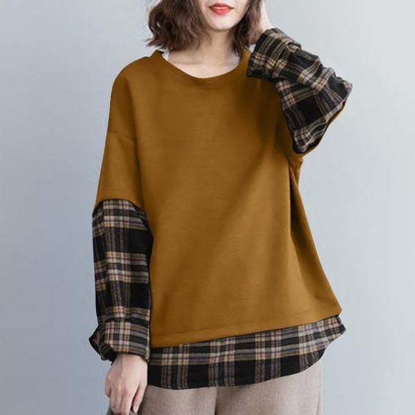 Oversized Vintage Women Spring Casual Fake Two-Piece Top Grid Patchwork Solid Shirt Blouse - Life is Beautiful for You - SheChoic