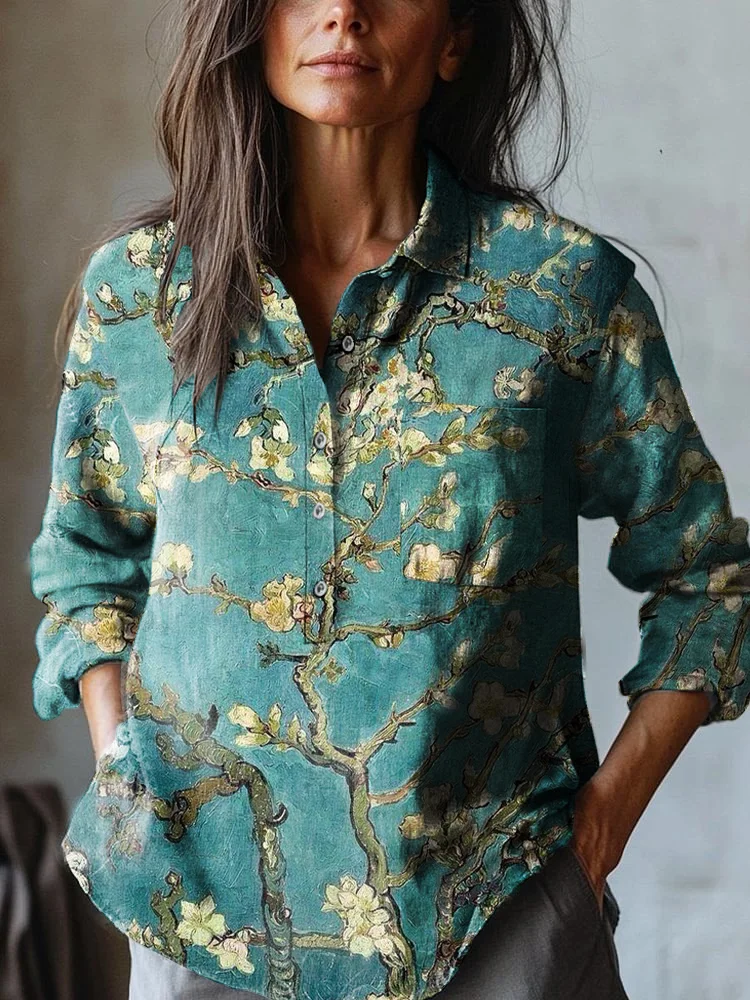 Women's Vintage Plum Blossom And Bird Art Print Casual Cotton And Linen Shirt