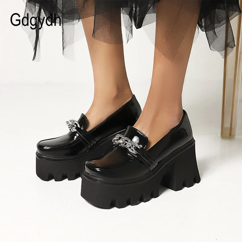 Gdgydh Metal Chain Platform Lolita Goth Japanese School Shoes For Girls Patent Leather Square Toe Women Pumps Block Heel Size 43
