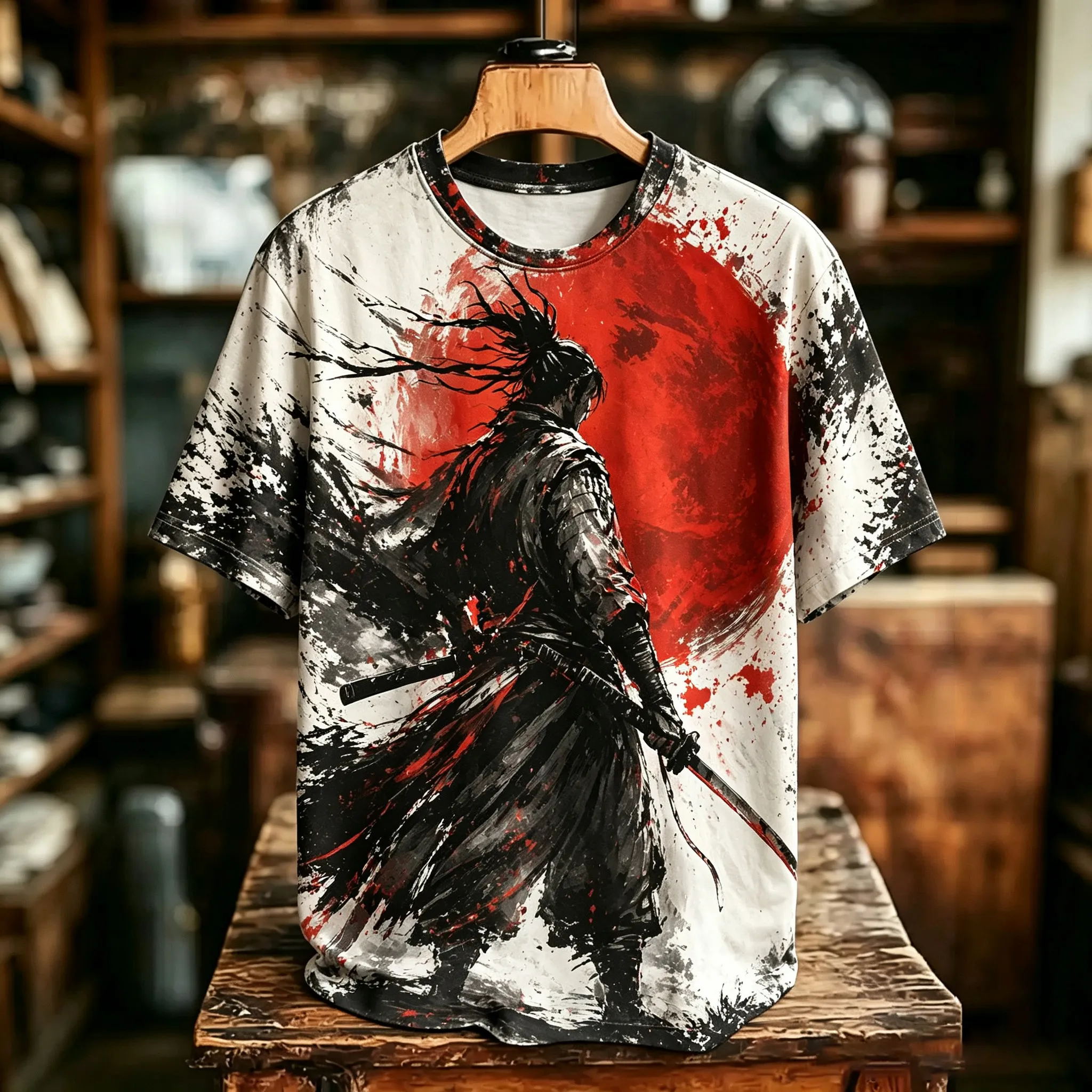 Men's Retro Japanese Samurai Print Crew Neck T-shirt  artssus