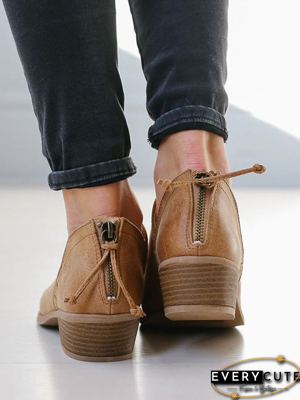 Pu Chunky Heel Zipper Pumps