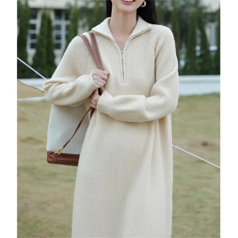 Ueong Ueong Lapel Half Zipper Wool Dress 2024 Autumn And Winter New Style With Loose Casual Long Knit Bottom Shirt Women