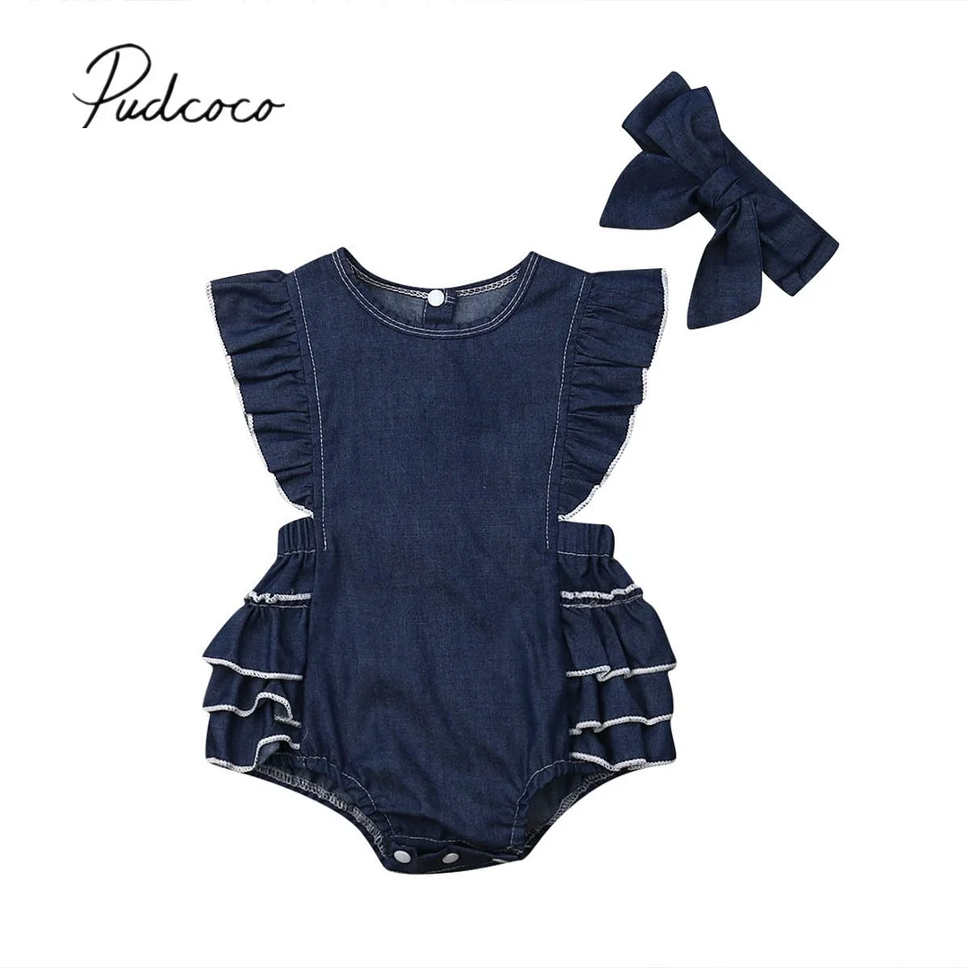 2019 Baby Summer Clothing 0-24M Infant Baby Girl Denim Blue Jumpsuit Headband 2Pcs Clothes Set Ruffles Short Sleeve Bodysuits
