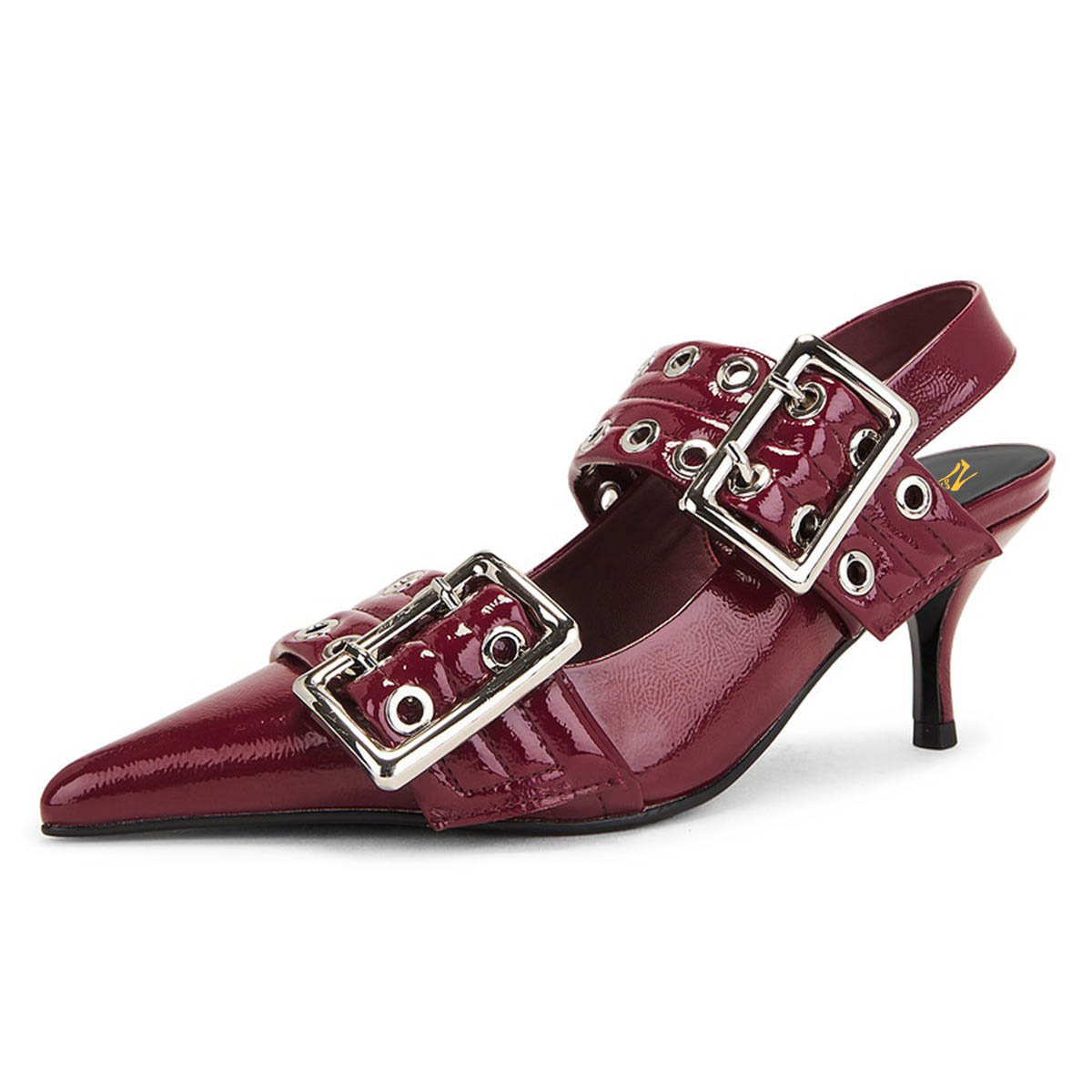 Burgundy Pointed Toe Double Grommet Strap Slingback Kitten Heel Pumps Nicepairs