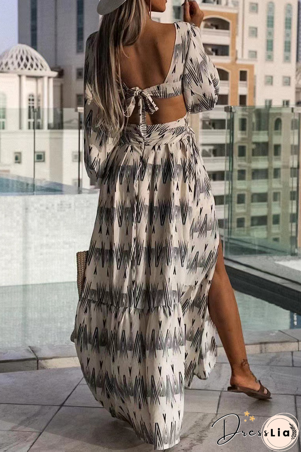 Fashion Print Hollowed Out V Neck Irregular Dress Dresses