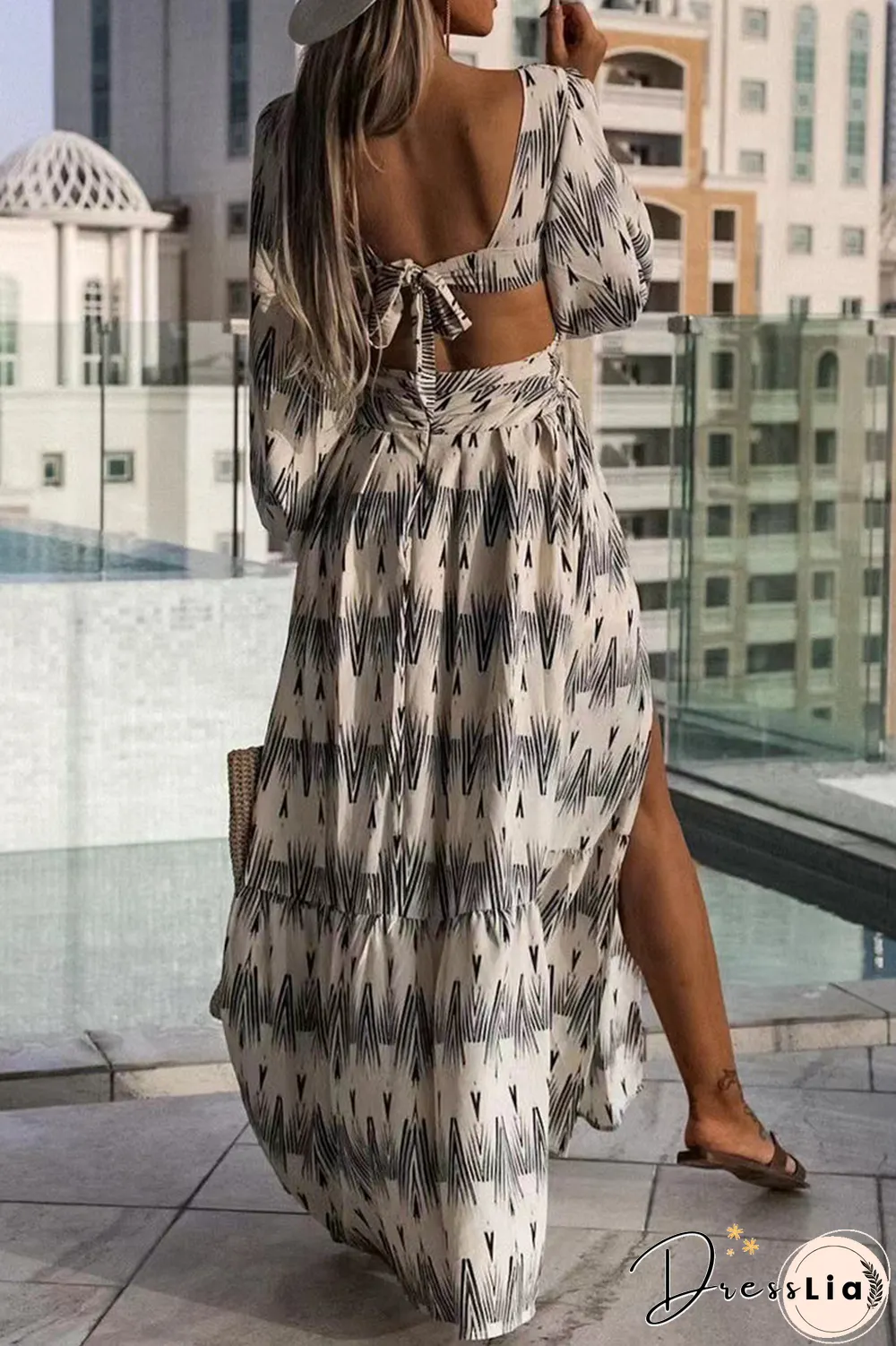 Fashion Print Hollowed Out V Neck Irregular Dress Dresses