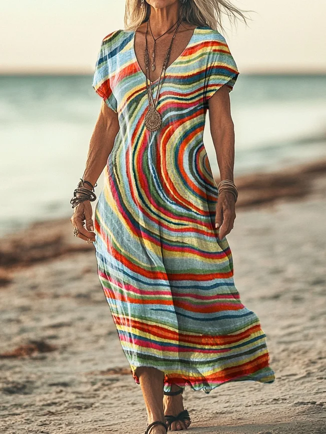 Women's Colorful Swirling Stripe Pattern Art Print Round Neck Sleeveless Pocket Linen Dress