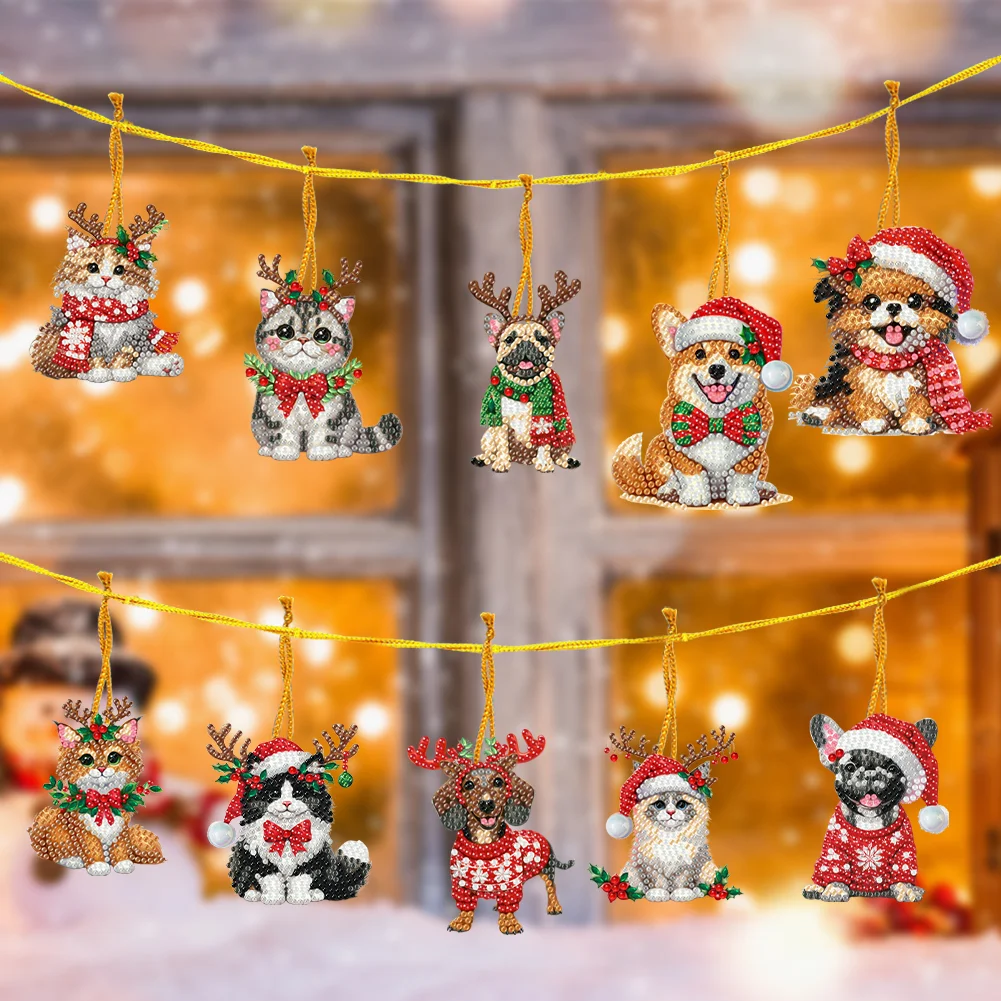 10Pcs Christmas Cats Dogs Diamond Painting Christmas Tree Pendant 