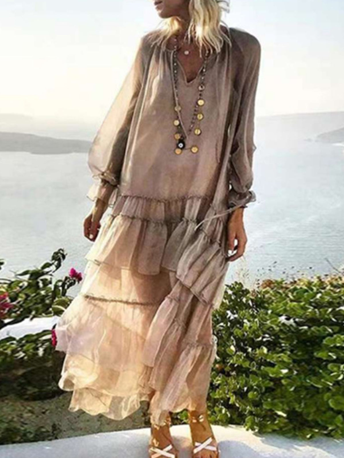 A-line V-neck Sleeveless Pleated Tiered Bohemian Dresses Dusk