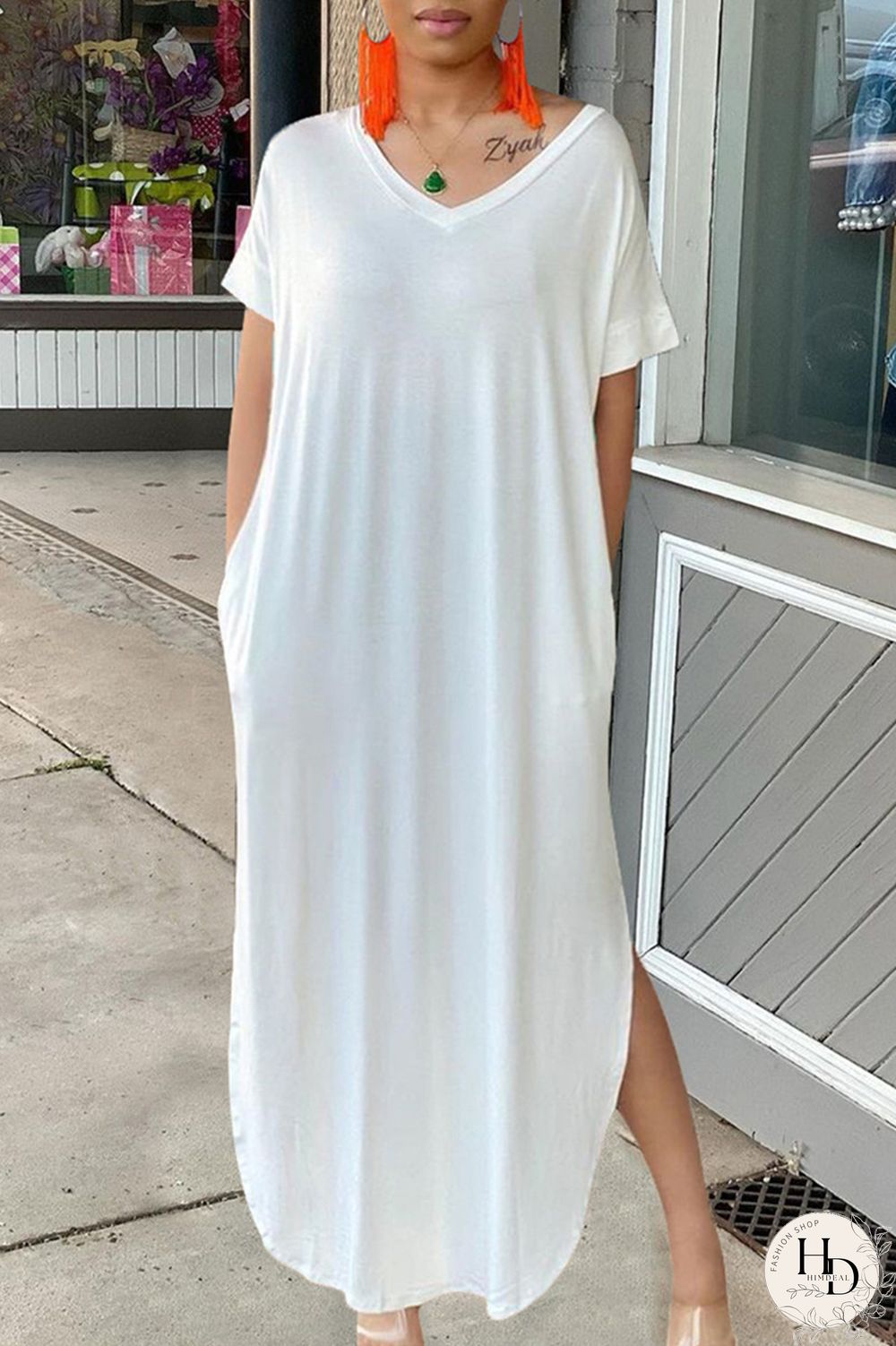 White Fashion Casual Solid Slit V Neck Short Sleeve Dress