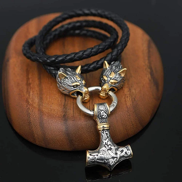 Coutureaura Viking Wolf Head Leather Necklace