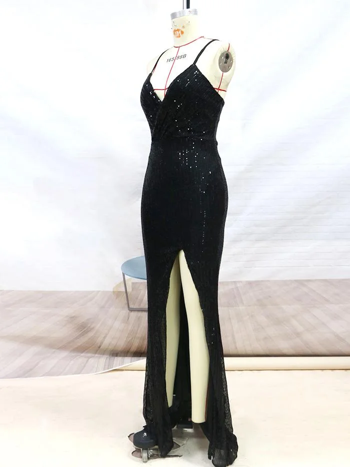 Sexy Sequin Slit Suspender Long Dress