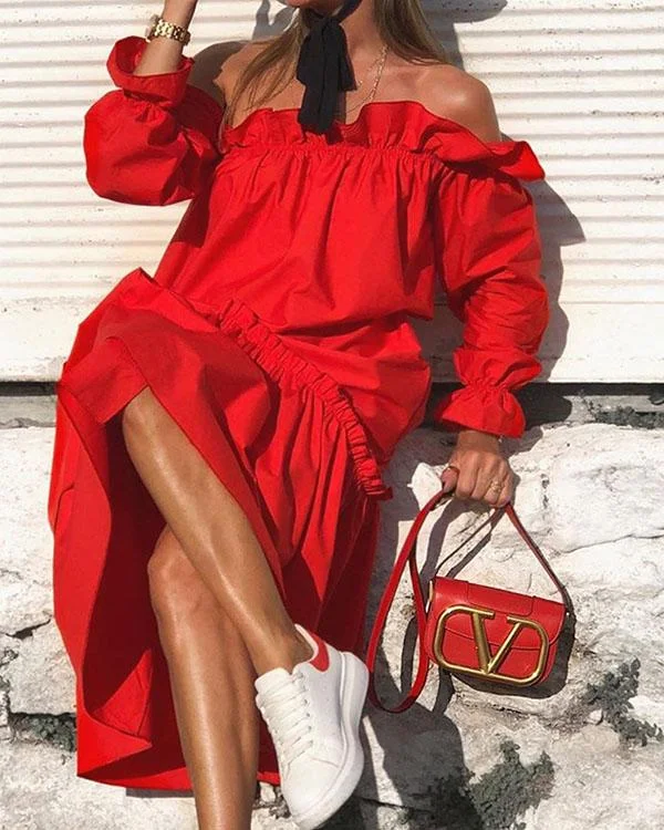 Solid Off Shoulder Irregular Ruffle Dress