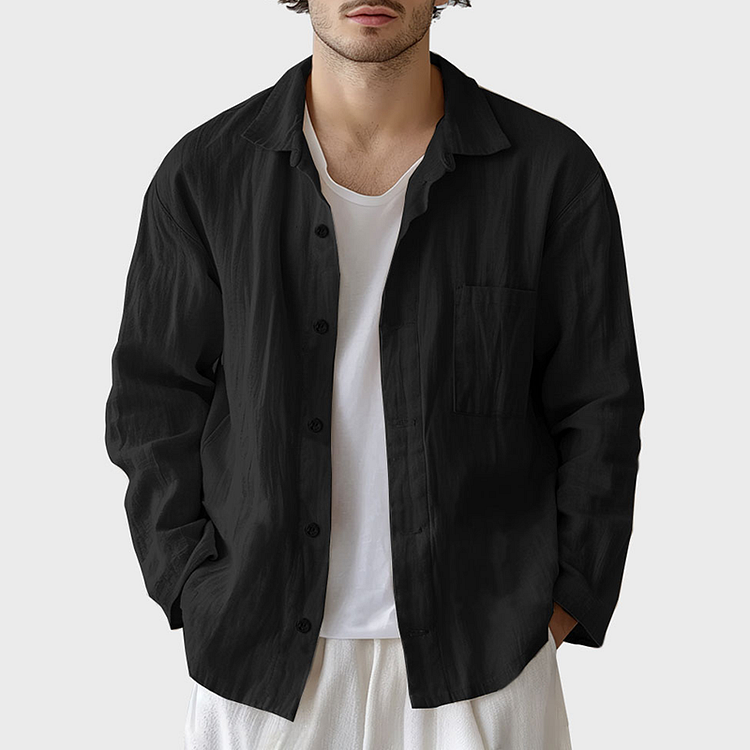 Retro Solid Chest Pocket Button Up Casual Long Sleeve Linen Shirts